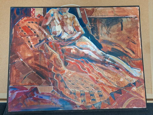 Abstract Female Nude, British Contemporary. Original Painting on Board, Framed.