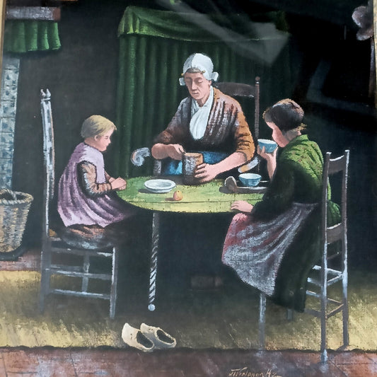 Dutch style "Family having dinner" Oil on Textile Painting