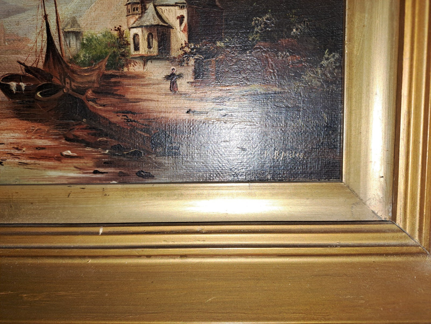 MB MILES Signed Original Oil on Canvas Romantic house on river Rhine Scene
