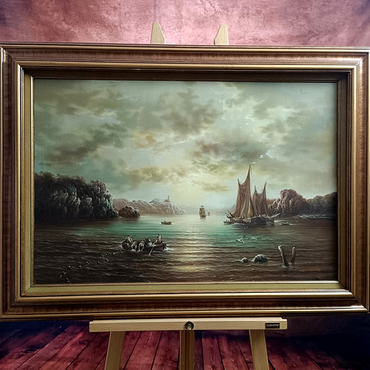 SD RICHELLE Dutch Style Original Oil Painting - Fishing Boats Hauling Nets