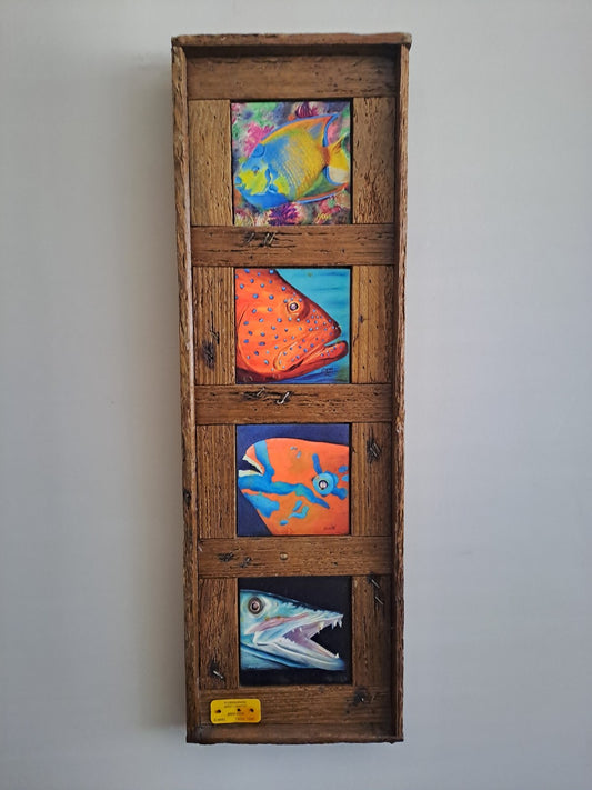 Lobster Trap Art NADINE and GLENN LAHTI 4 Tile Prints Framed “Reef Dwellers”