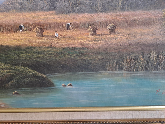 P WILSON Large Vintage Oil Embellished Print "Study of Harvesters"