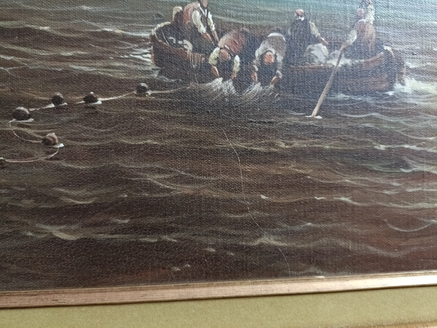 SD RICHELLE Dutch Style Original Oil Painting - Fishing Boats Hauling Nets