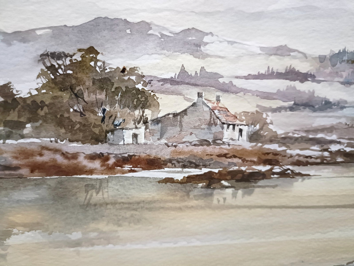 ALLAN MORGAN Original Watercolour Painting Snowy mountain and lake scene