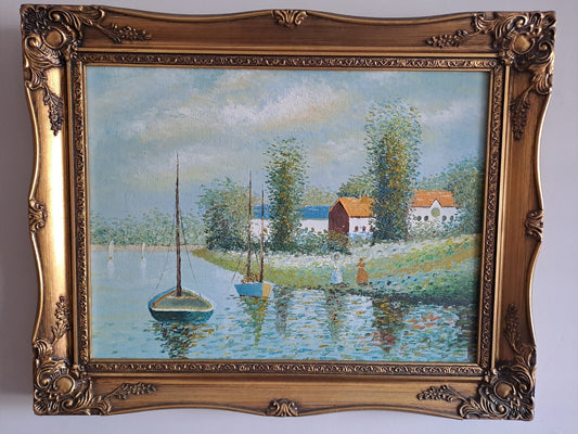 Oil on Canvas Lake Scene Boats and Figures