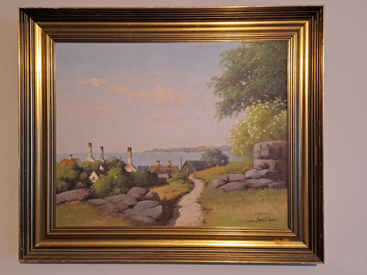 SVEND LYNGE pseud FREDERIK DREWS Oil Painting Danish Village Overlooking Bay