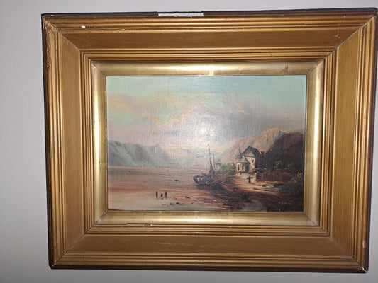 MB MILES Signed Original Oil on Canvas Romantic house on river Rhine Scene