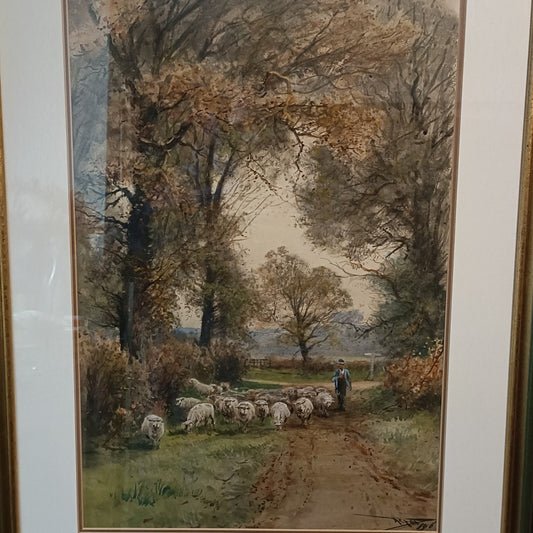HENRY CHARLES FOX RBA (1860-1929) Signed Large Watercolour Shepherd with Sheep
