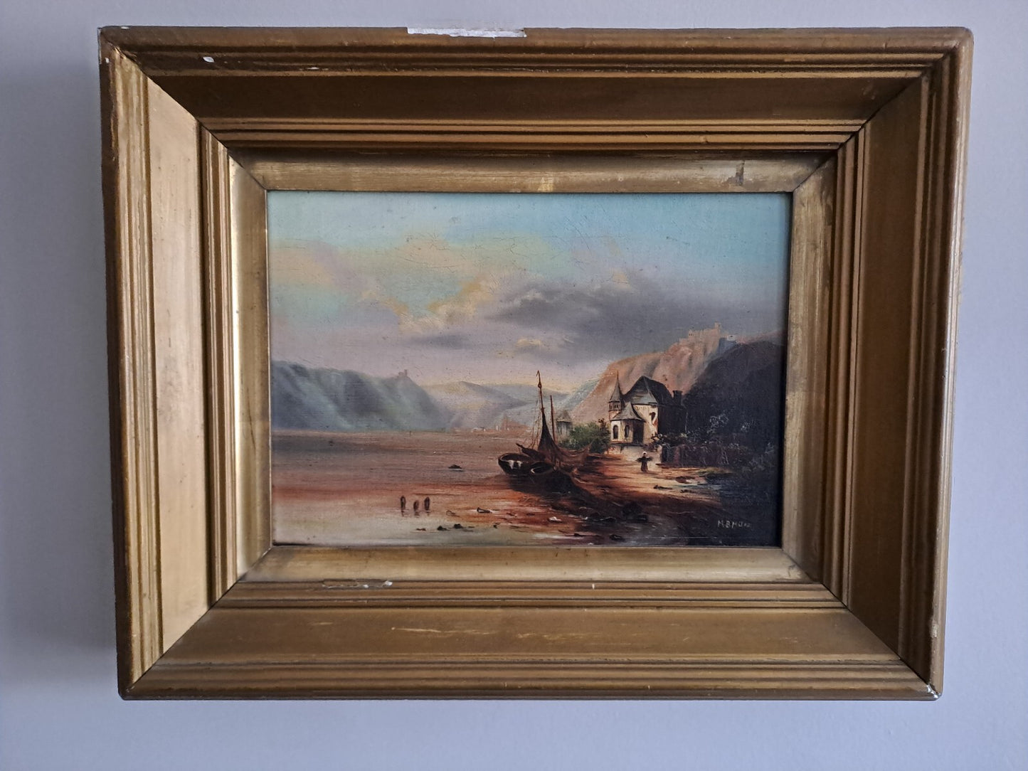 MB MILES Signed Original Oil on Canvas Romantic house on river Rhine Scene