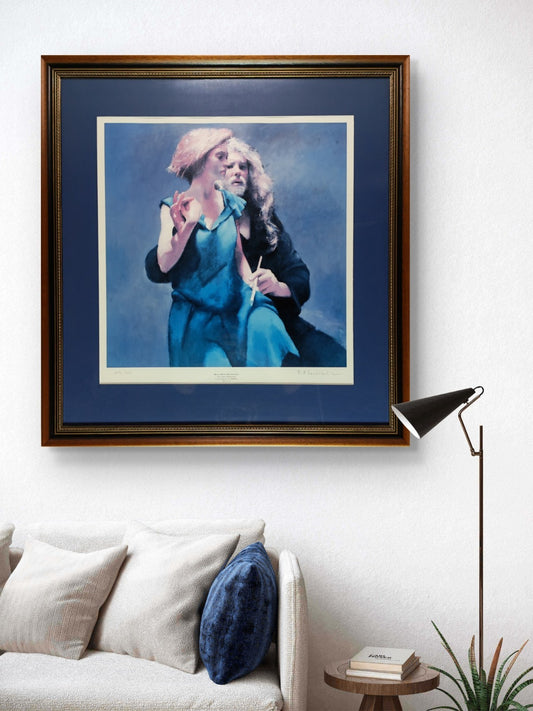 Signed framed limited edition art print "Bella with the Painter" by Robert Lenkiewicz, numbered 272 of 550, from Curated Treasures.
