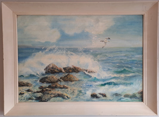 JOAN PINKHAM Vintage Seascape Oil Painting On Board "Gibralta"