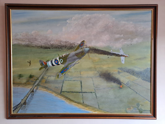 Supermarine Spitfire WWII Dogfight Large Oil painting on Board