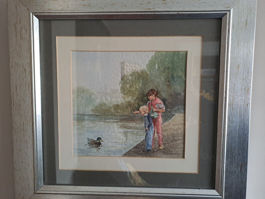 MICHAEL CRAWLEY Original Watercolour "Children and Duck"