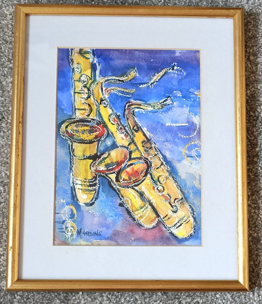 M HARDING Watercolour paintings, Saxophone paintings x2