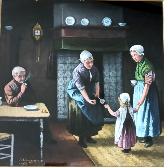 Dutch style "Family in a kitchen" Oil on Textile Painting