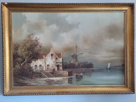 Original Oil on Canvas Windmill Scene Signed I. Costello 88cm X 62cm