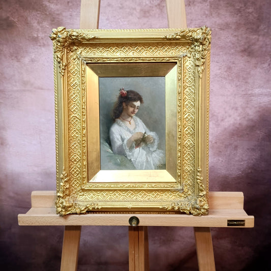 Attrib. EDUARDO TOFANO (1838-1920) Oil Painting Gilt Frame "Girl in White Dress"