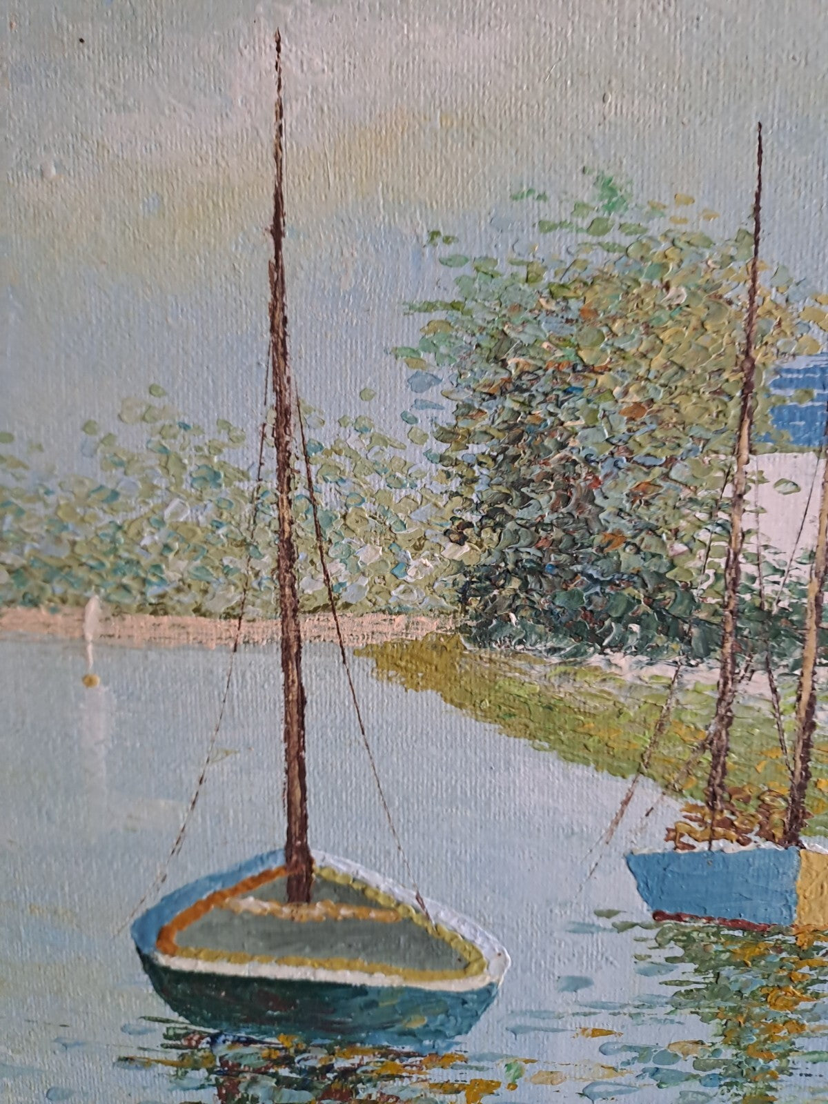 Oil on Canvas Lake Scene Boats and Figures
