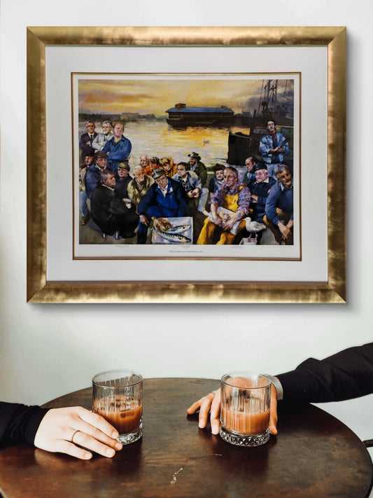 Signed framed limited edition print of Robert Lenkiewicz's "Barbican Fishermen 2000," number 3 of 20, by Curated Treasures.
