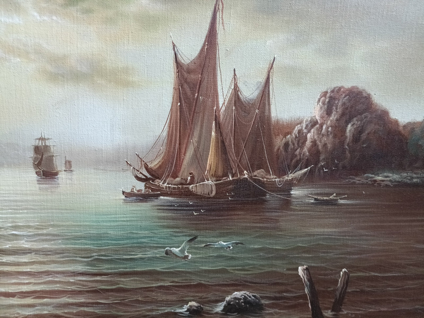 SD RICHELLE Dutch Style Original Oil Painting - Fishing Boats Hauling Nets