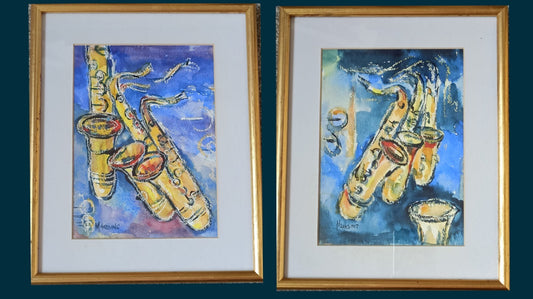 M HARDING Watercolour paintings, Saxophone paintings x2