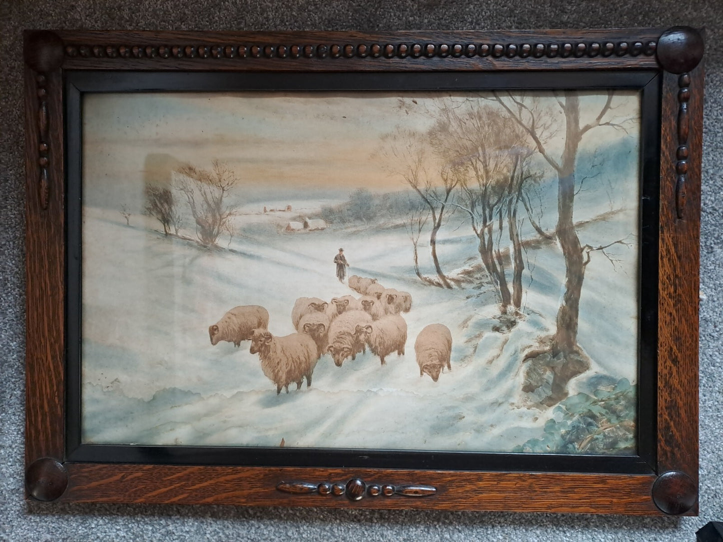 A Pair of Vintage/Antique Pictures Featuring Sheep in Snowy Landscapes