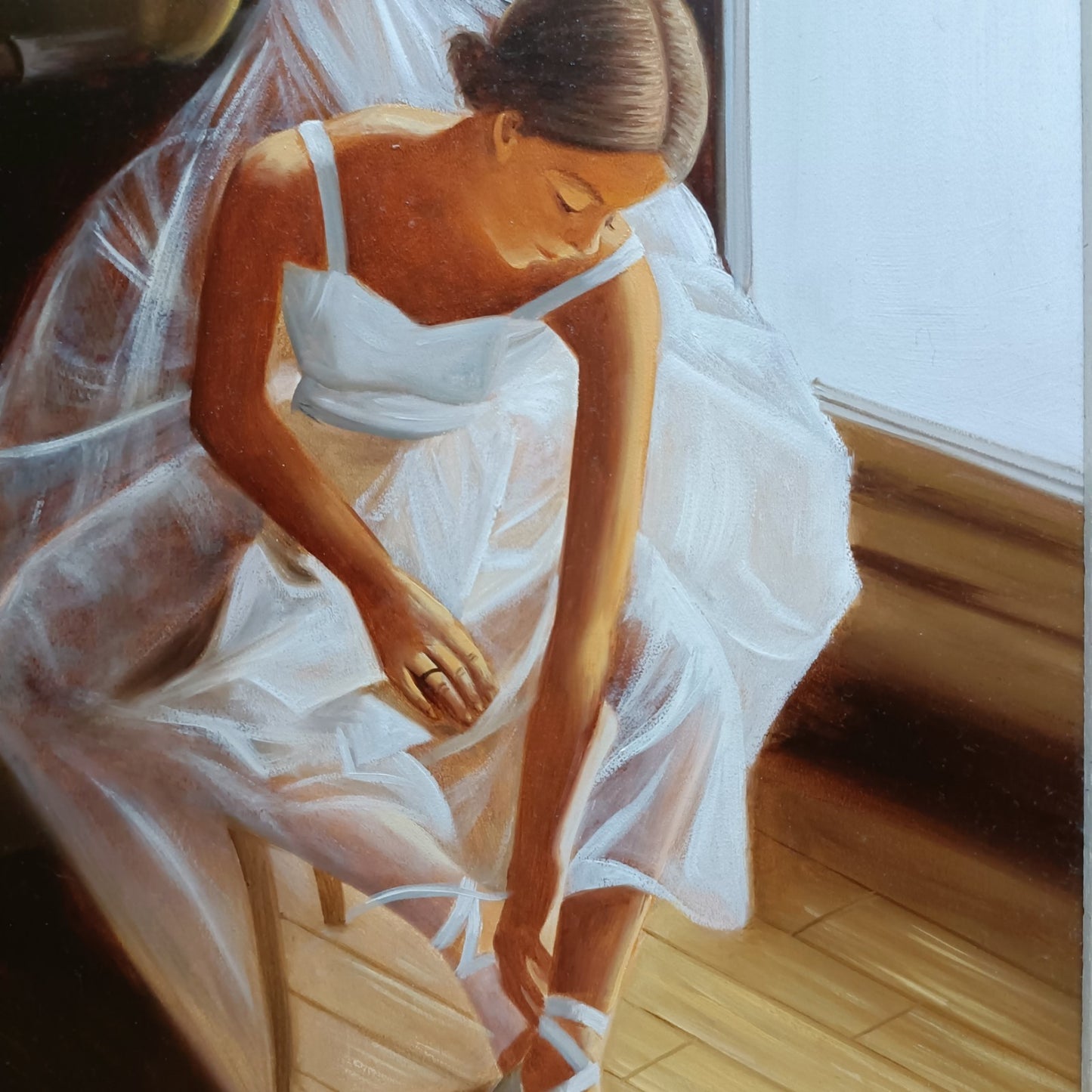 Framed signed oil painting of a ballerina by the window, by Marisa Mallol, showcased in a classic art display.