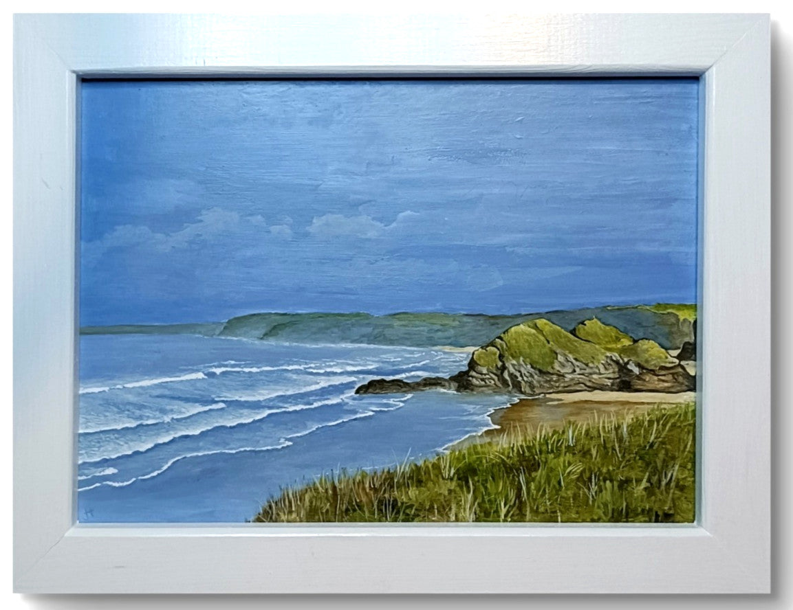 Framed signed original oil on board painting of Whipsiderry Beach by artist Jan Merrick Horn, 1948, with natural seaside scenery.