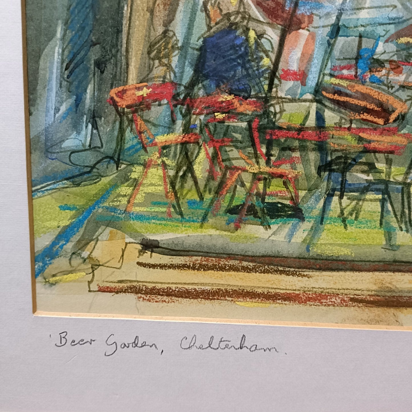 Carol A. Poupard Framed Original Gouache "Beer Garden, Cheltenham"