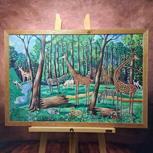 RODRIGUE MERVILUS (b.1947) Oil on Board "Colourful jungle scene w/ wild animals"