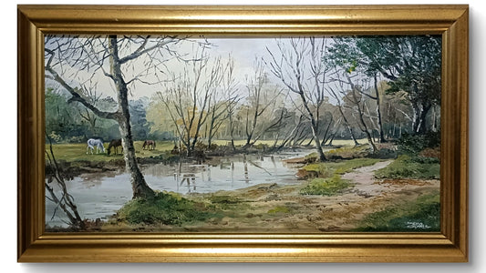DENYS GARLE Framed Original Oil Painting “Riverbank with Horses”