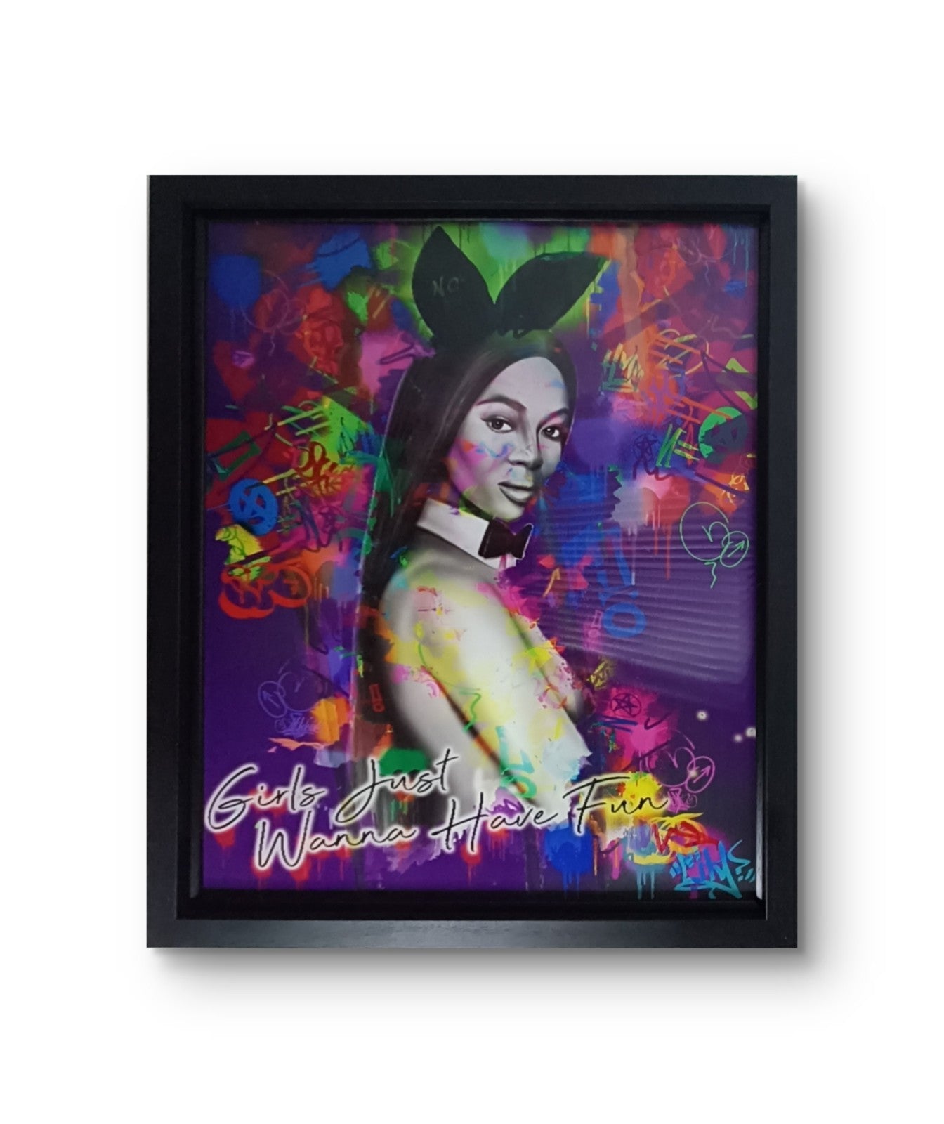 DAN PEARCE Original Lenticular Mixed Media artwork titled "Girls Just Wanna Have Fun" featuring colorful, layered visual elements.