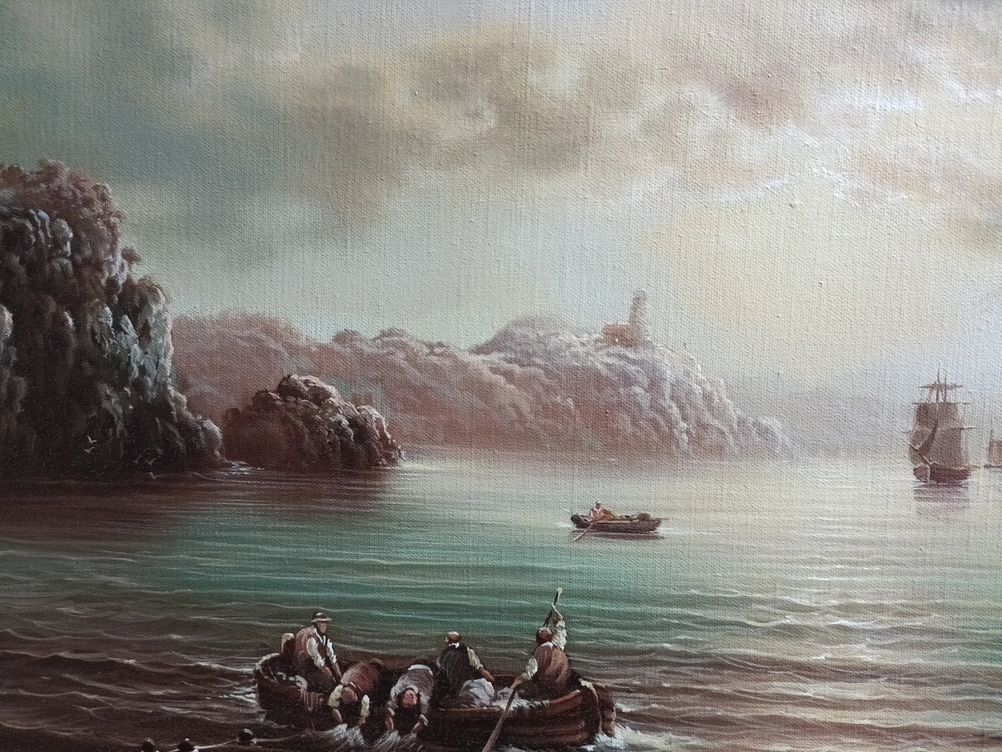 SD RICHELLE Dutch Style Original Oil Painting - Fishing Boats Hauling Nets