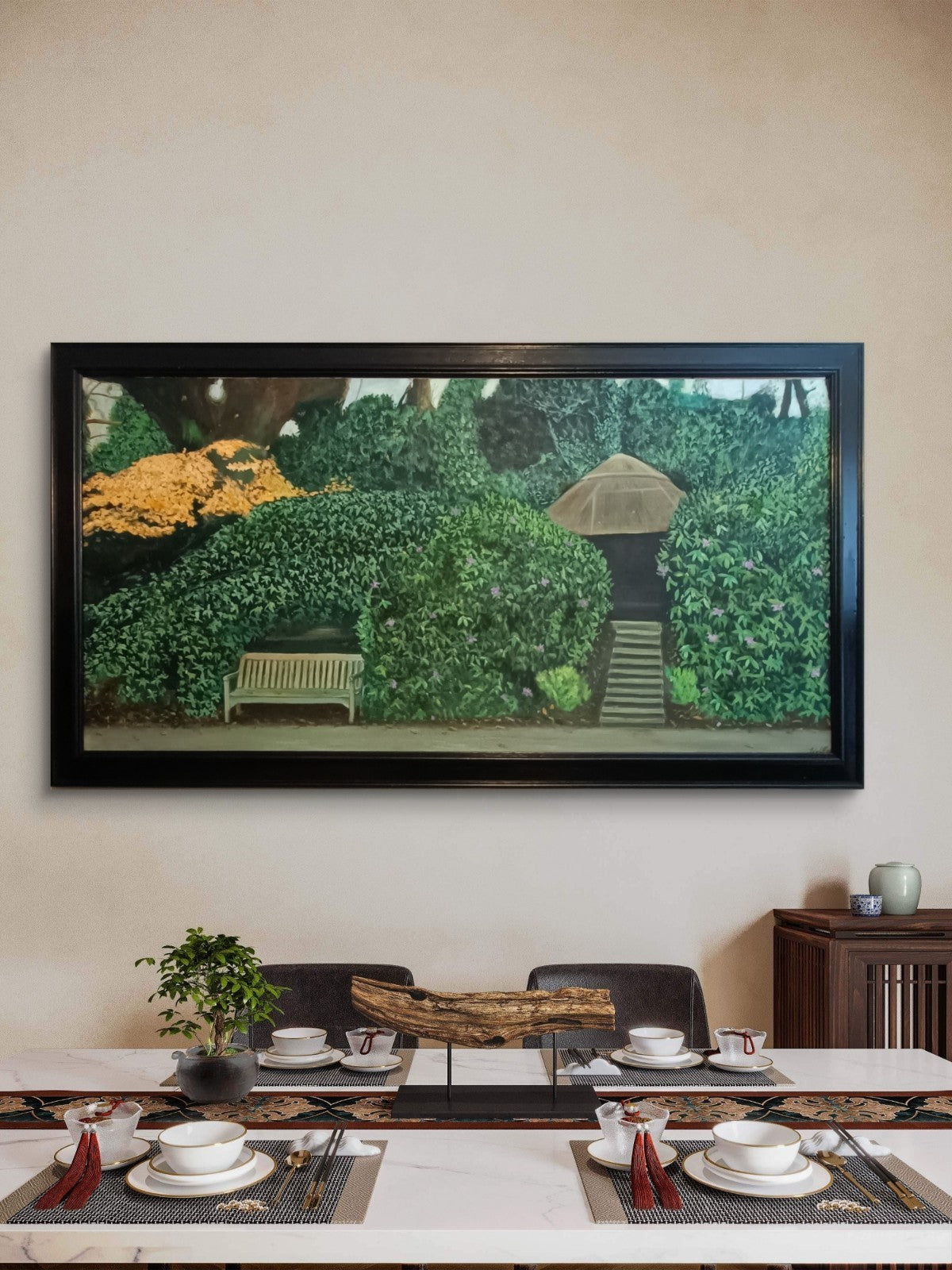 Signed framed oil painting by Wolff depicting Doctor Samuel Johnson's summer house at Kenwood, displayed in a wooden frame.