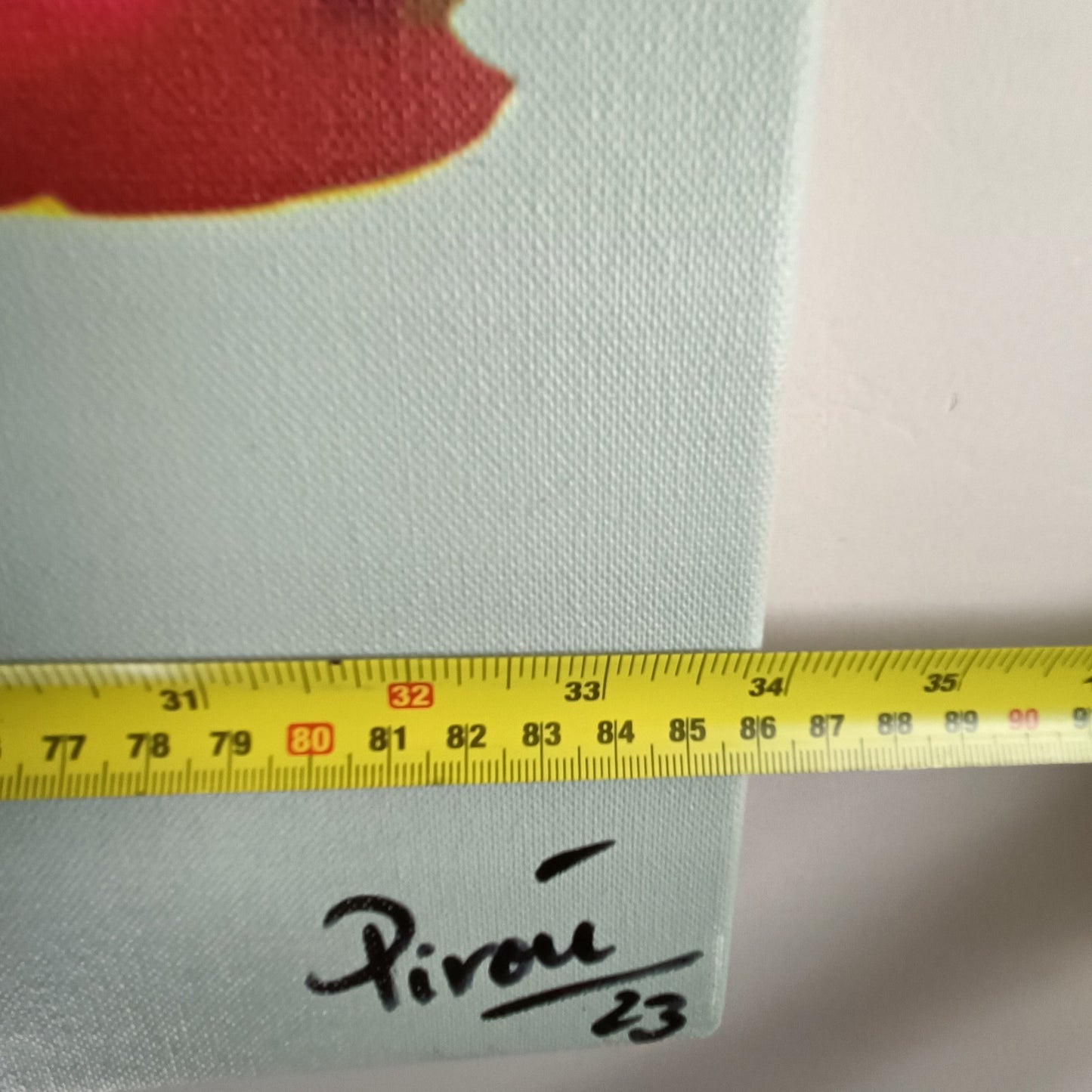 Large signed canvas print of Peter Koenig's Pirou artwork by Curated Treasures, featuring vibrant colors and artistic brushstrokes.