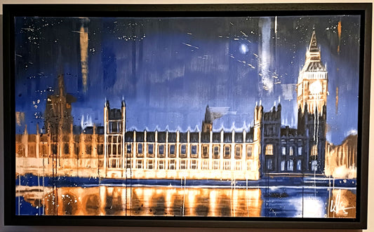 KRIS HARDY (b.1978) Large Framed Original Oil Painting "Westminster at Night II"