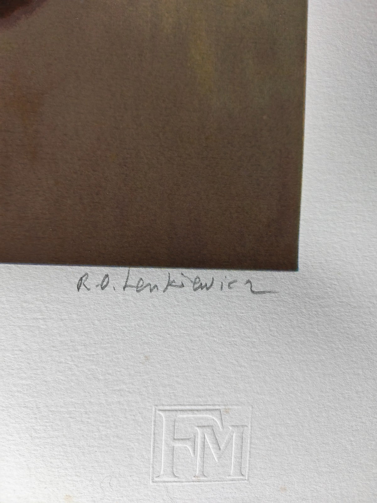 Signed limited edition print of Robert Lenkiewicz's "Esther Seated," numbered 275 of 475, on display with detailed brushwork visible
