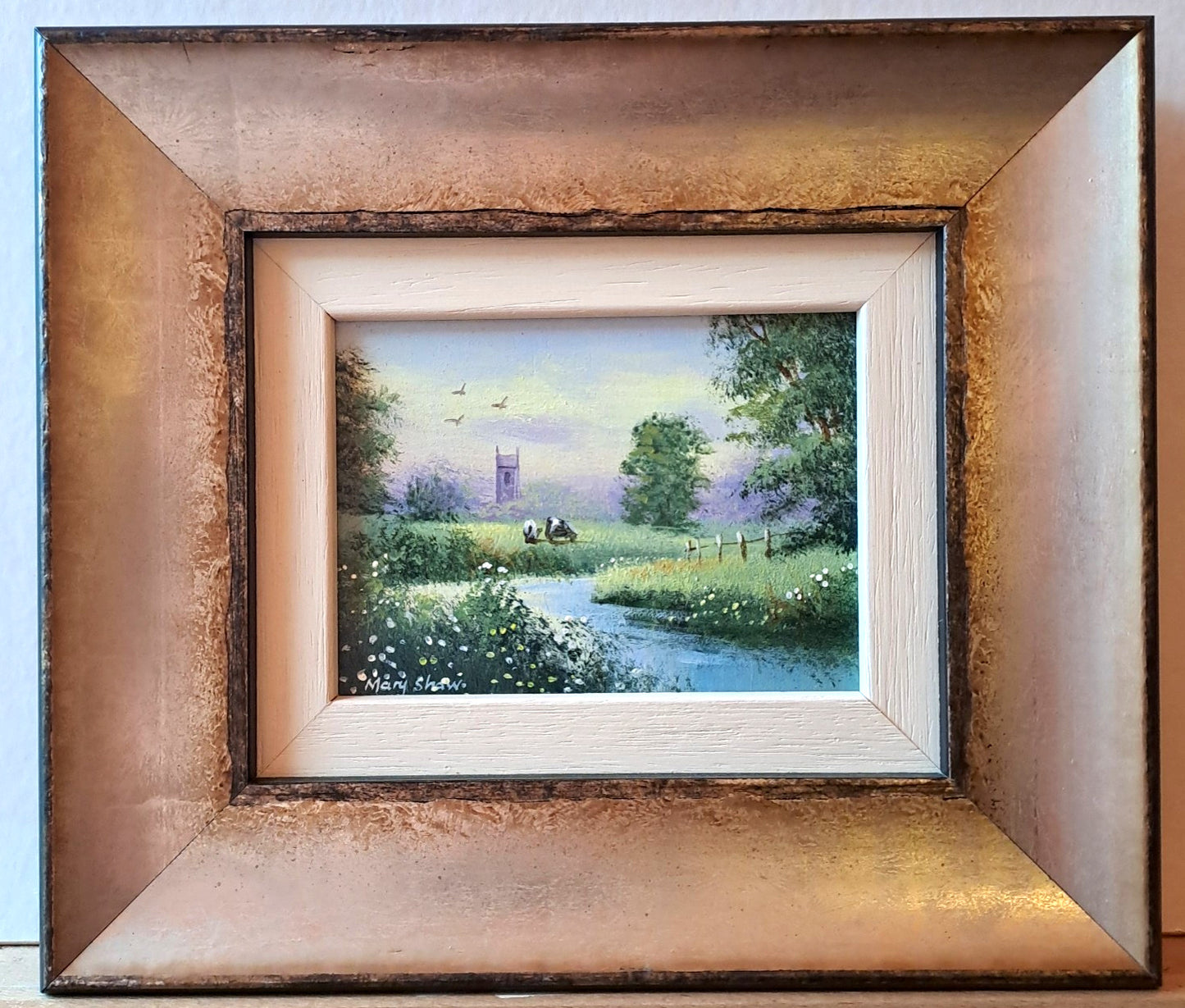 MARY SHAW Framed Original Miniature Oil Painting Cows, River and Church