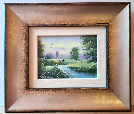 MARY SHAW Framed Original Miniature Oil Painting Cows, River and Church
