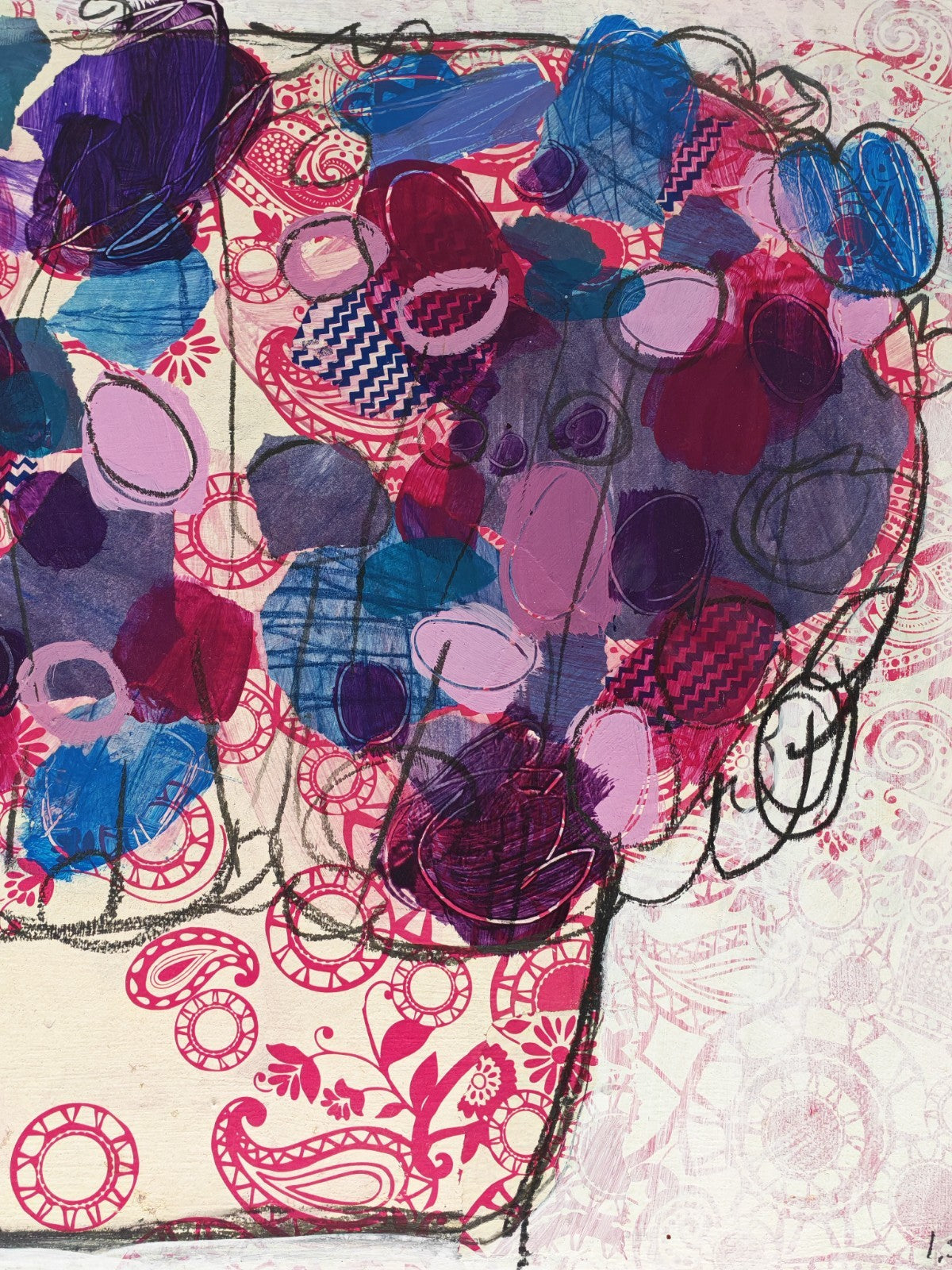 INES SZAMREY "Paper Flowers No. 7" Signed Original Oil Acrylic and Paper on Board