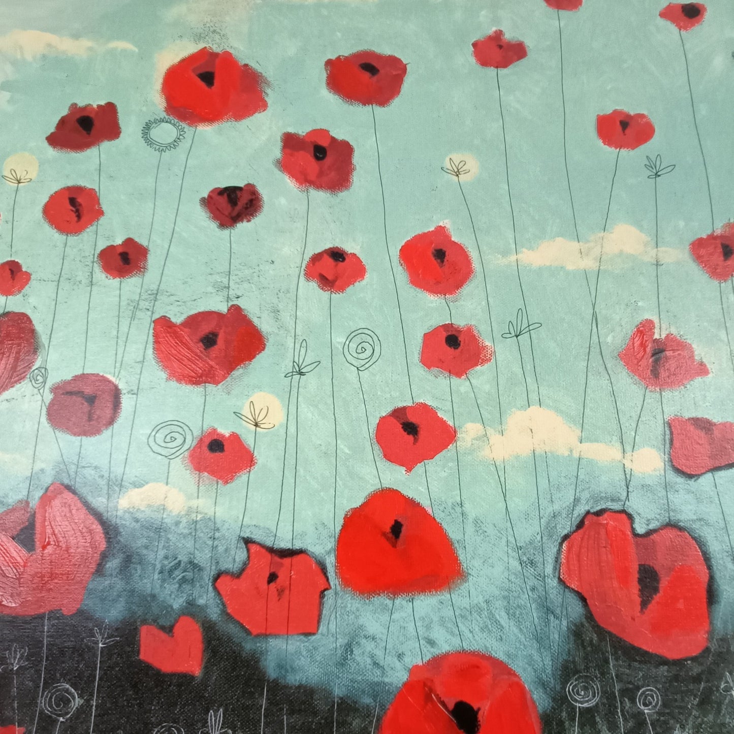 Framed original mixed media painting "Lazy Day" by Angela Smyth, featuring soft, textured artwork on display.