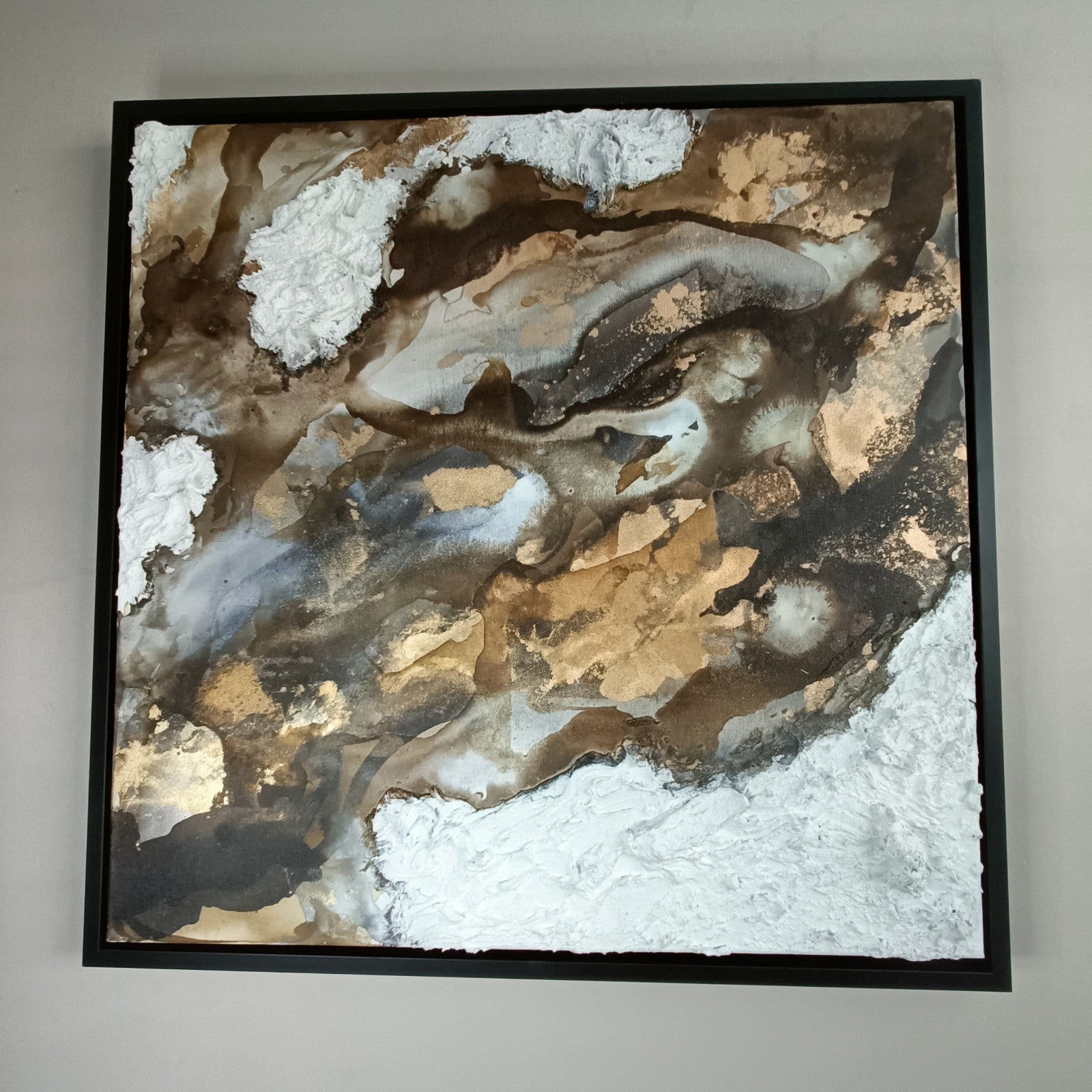 Large original abstract mixed media painting "Mocha" by RAJAN SETH, featuring earthy tones and textured brushstrokes.