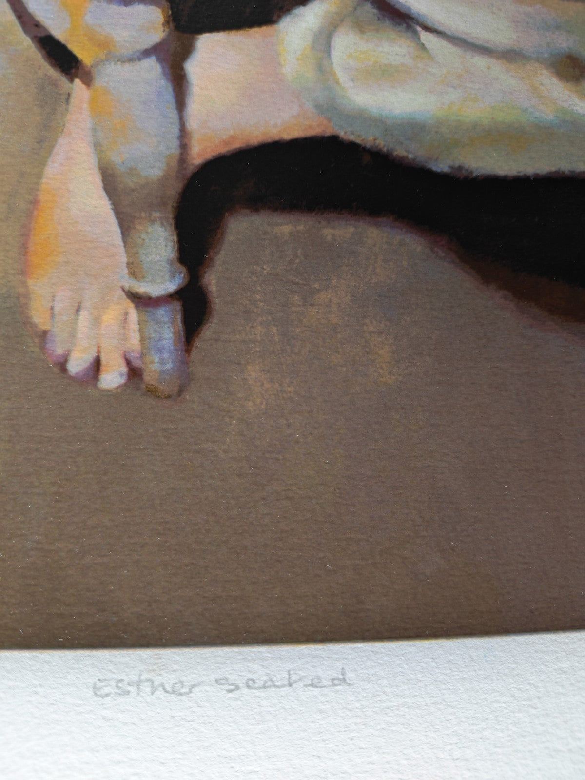 Signed limited edition print of Robert Lenkiewicz's "Esther Seated," number 275 of 475, on display in this image.