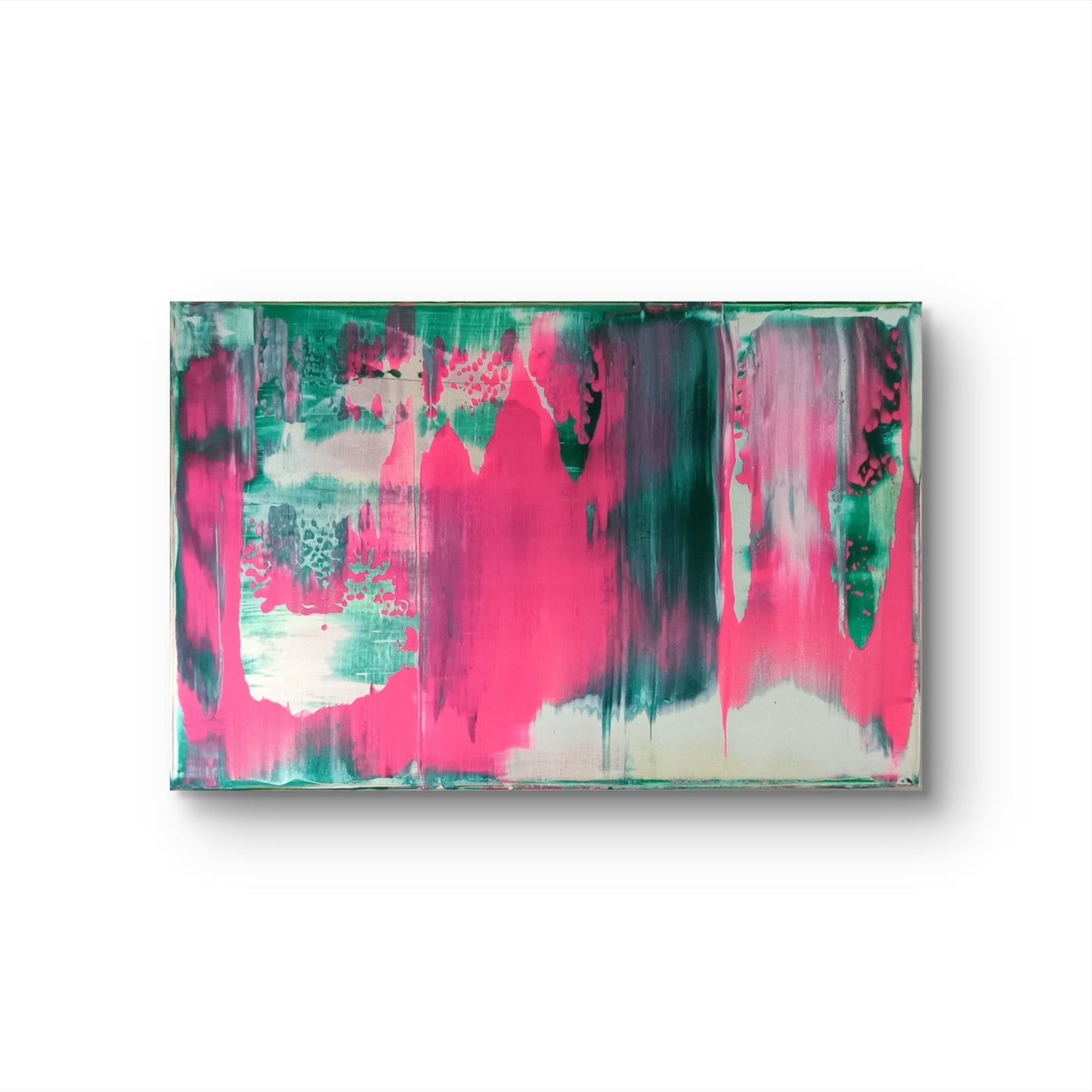 Signed original abstract diptych paintings titled "Pink Mountains" by Curated Treasures, featuring vibrant pink mountain landscapes.