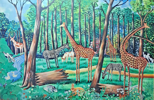 RODRIGUE MERVILUS (b.1947) Oil on Board "Colourful jungle scene w/ wild animals"