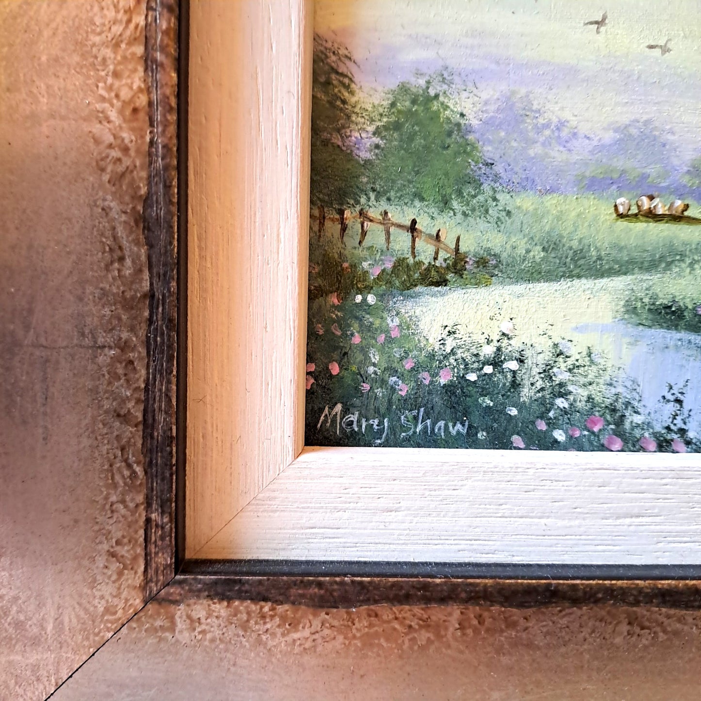 MARY SHAW Framed Original Miniature Oil Painting Church and Cows