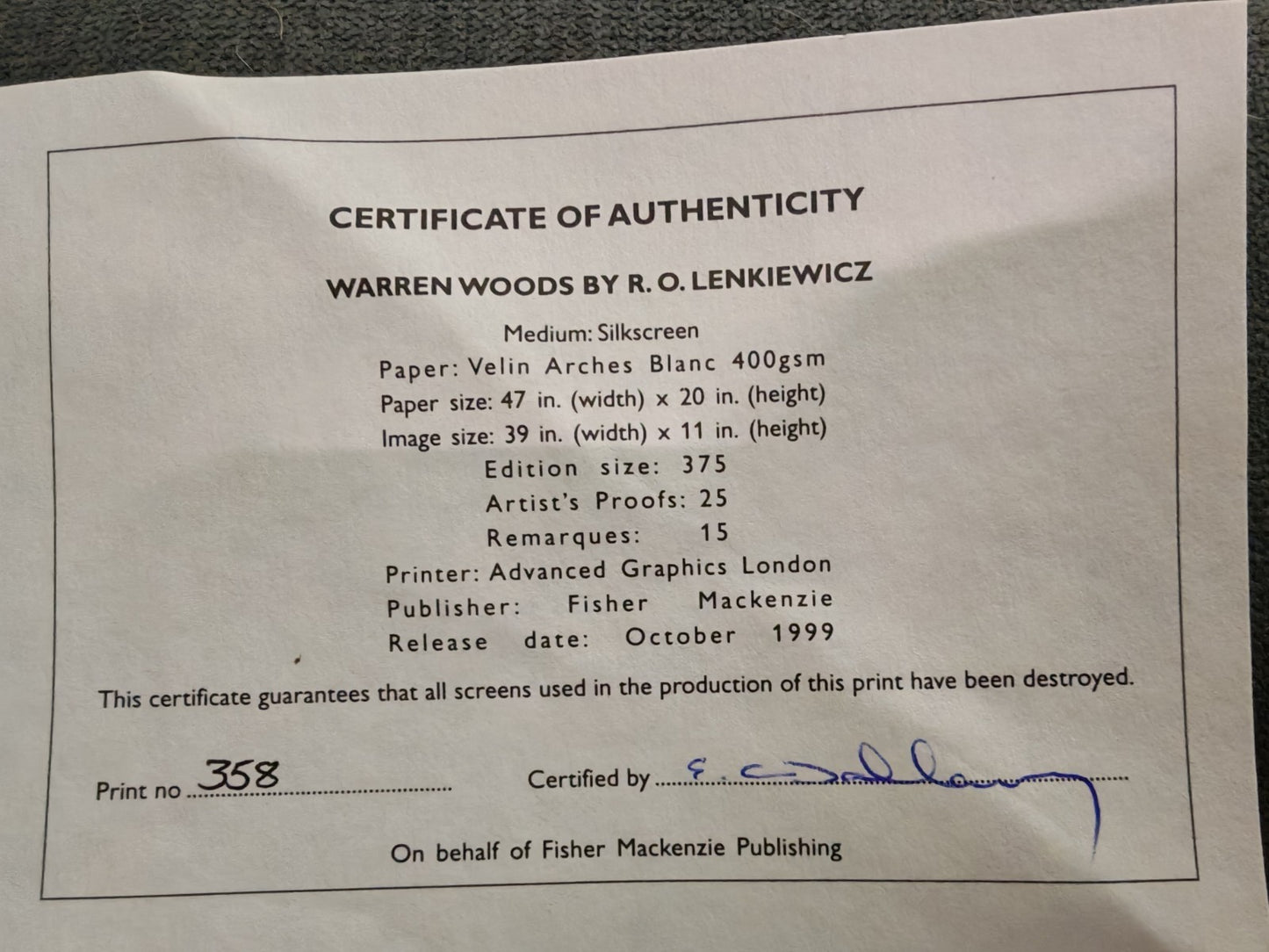 Signed limited edition art print "Warren Woods" by Robert Lenkiewicz, numbered 358 of 375, on paper with a nature scene.