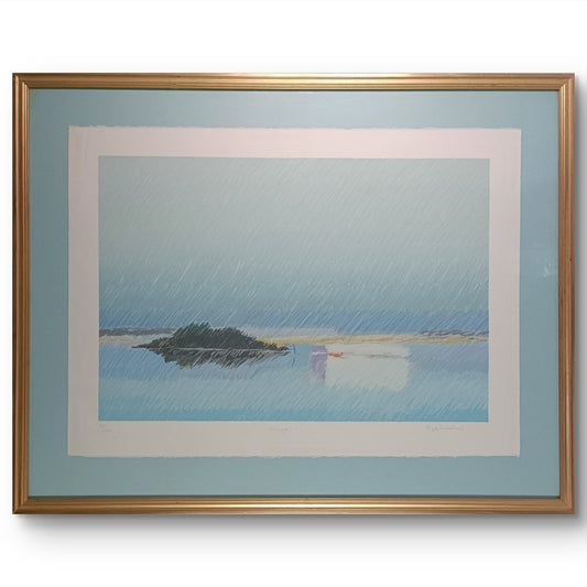 Signed limited edition "Rivage I" art print by Roy Fairchild-Woodard, featuring abstract coastal landscape in soft tones.