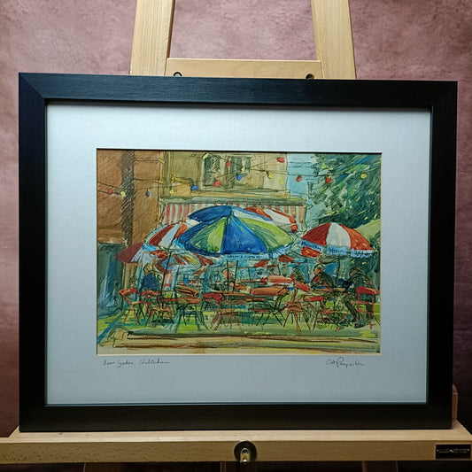 Carol A. Poupard Framed Original Gouache "Beer Garden, Cheltenham"