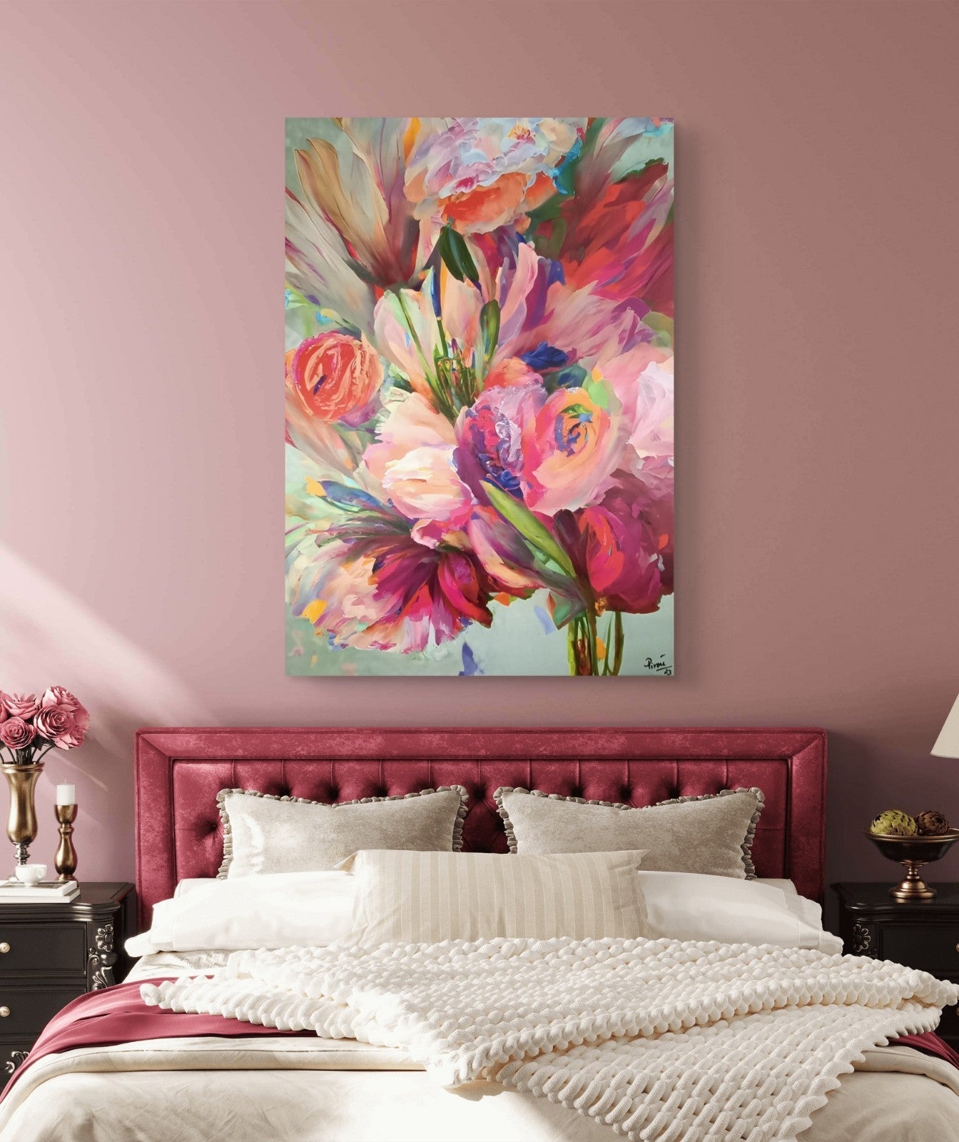 Large signed canvas print of Peter 'Pirou' Koenig artwork by Curated Treasures, featuring vibrant colors and artistic brushstrokes.